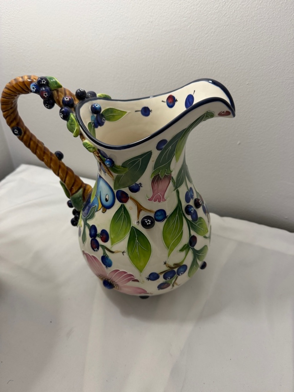 Hand-Painted Ceramic Pitcher with Blue & Green Botanical Motif